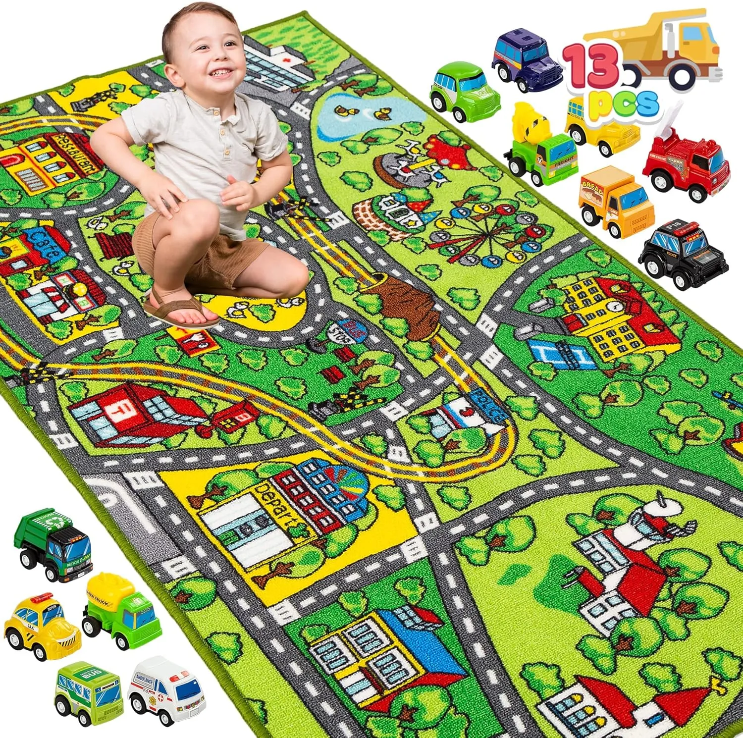 JOYIN Carpet Playmat w/ 12 Cars Pull-Back Vehicle Set for Kids Age 3 , Jumbo Play Room Rug, City Pretend Play Multiple Color
