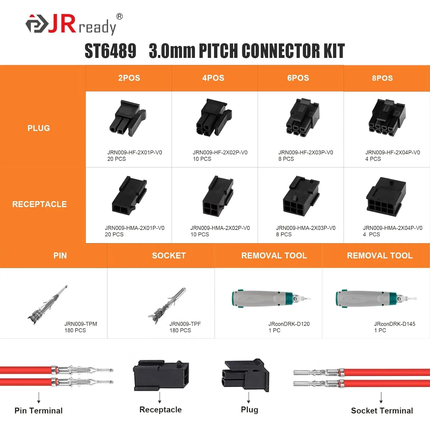 JRready ST6489 Micro-Fit 3.0 Dual Row 2 4 6 8 Pin Connector kit,w/Terminal Pin 20-24 AWG,Molex Extraction Tool,Compatible with Molex Micro-Fit 3.0 Connector,3.0mm Pitch,Free Hanging