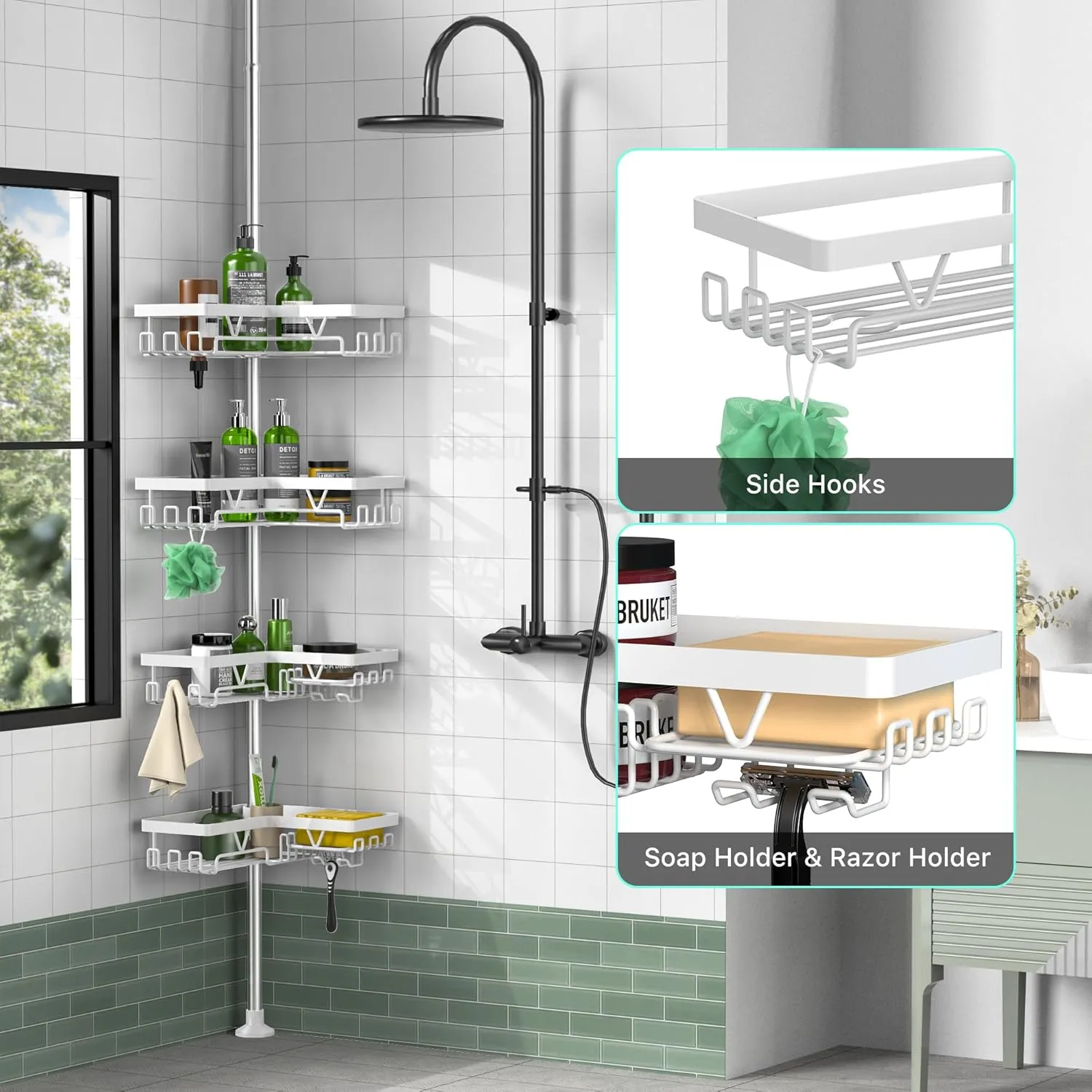 KEGII Corner Shower Caddy Tension Pole - 4-Tier Rustproof Bathroom Organizer, Floor to Ceiling Shower Caddy 25-114.2 inch, No Drilling Shower Storage Rack for Shampoo, Towels (Matte White)
