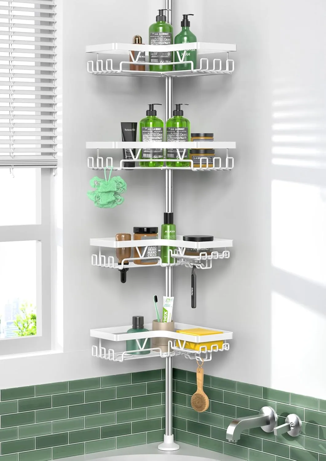 KEGII Corner Shower Caddy Tension Pole - 4-Tier Rustproof Bathroom Organizer, Floor to Ceiling Shower Caddy 25-114.2 inch, No Drilling Shower Storage Rack for Shampoo, Towels (Matte White)
