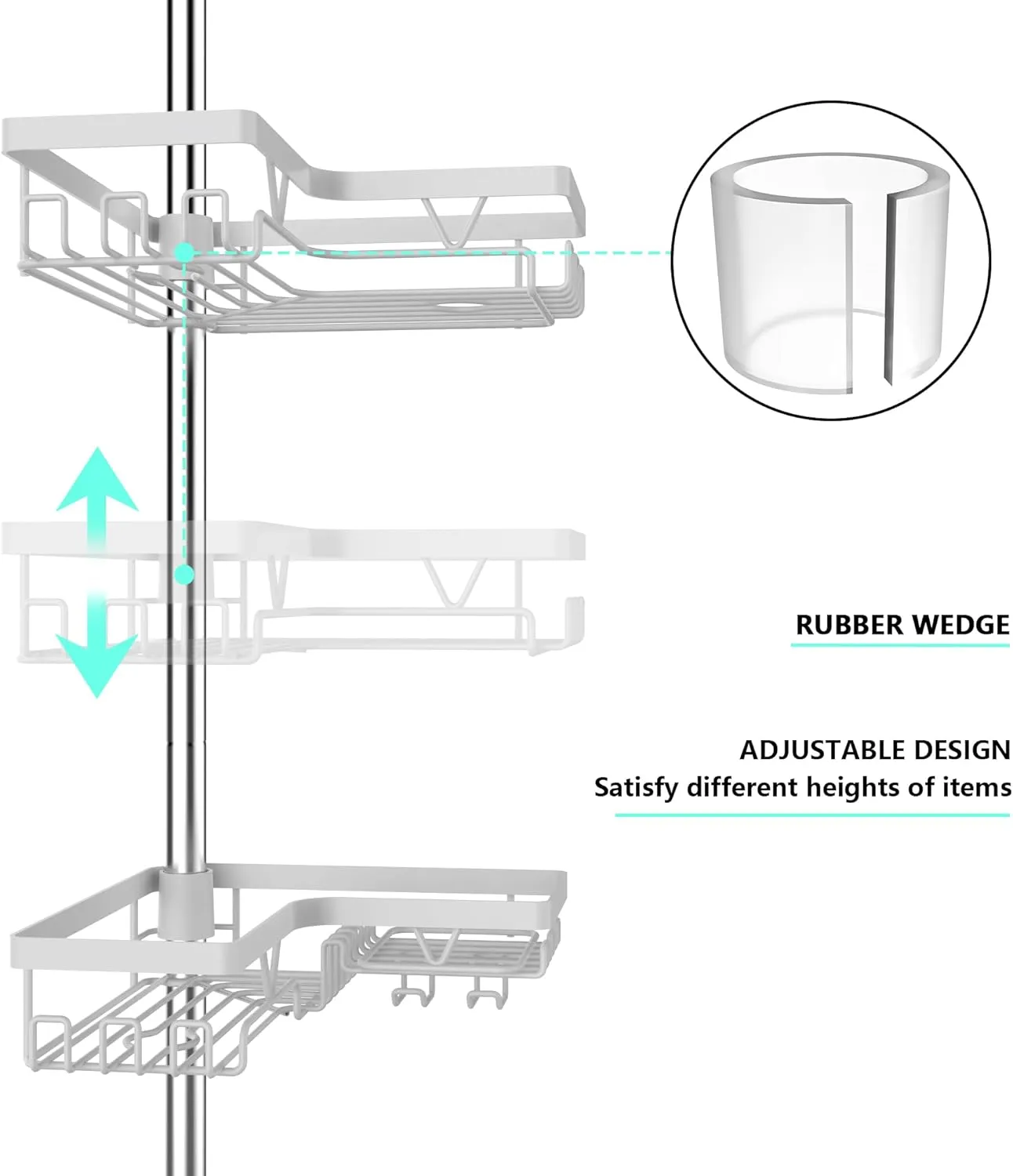 KEGII Corner Shower Caddy Tension Pole - 4-Tier Rustproof Bathroom Organizer, Floor to Ceiling Shower Caddy 25-114.2 inch, No Drilling Shower Storage Rack for Shampoo, Towels (Matte White)