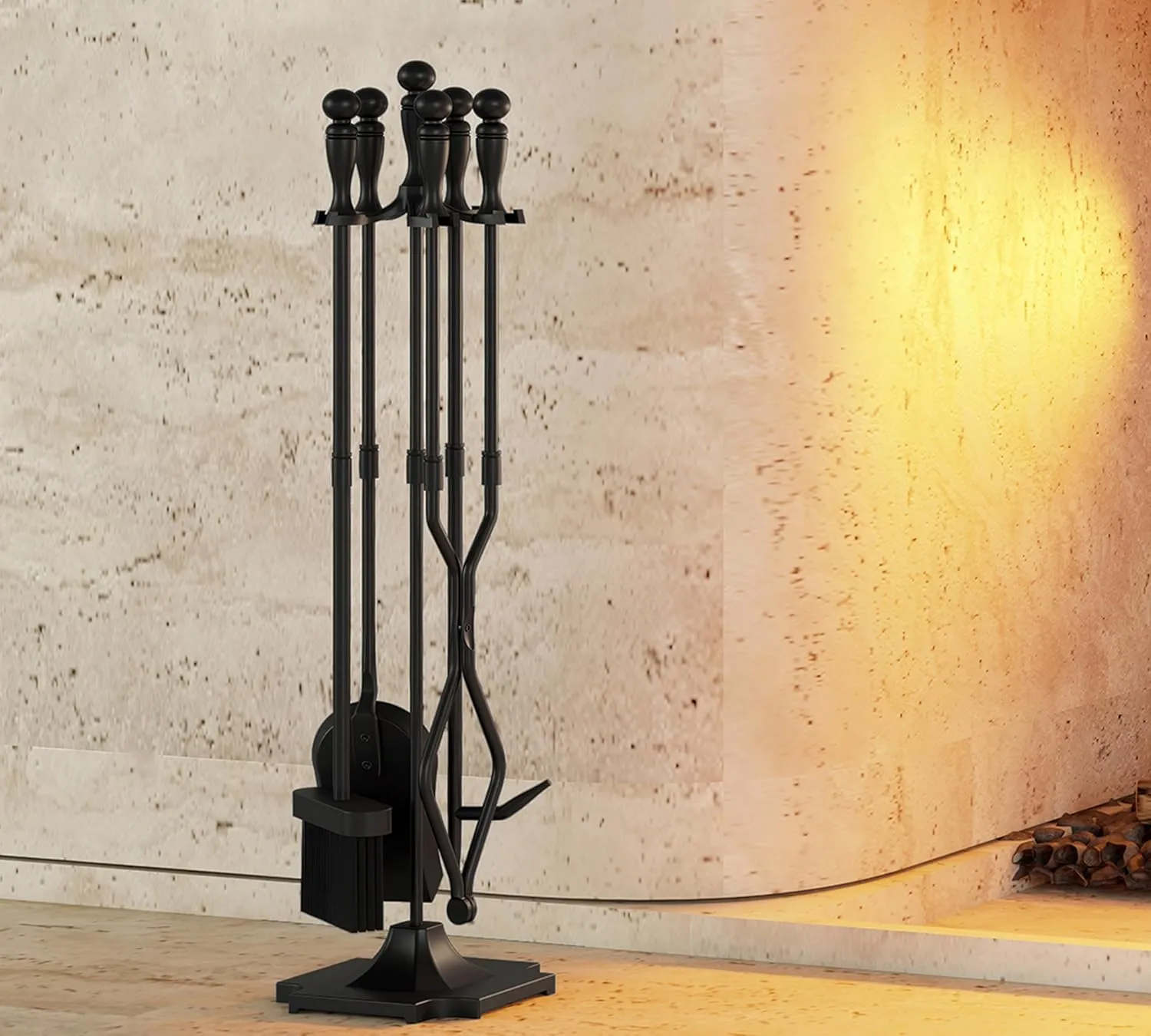 Kingson 5 Pcs Fireplace Tools Sets Heavy Duty Wrought Iron Large Fire Tool Set and Holder Outdoor Fireplace Tools Black