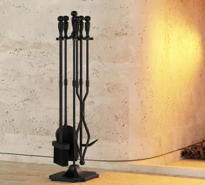 Kingson 5 Pcs Fireplace Tools Sets Heavy Duty Wrought Iron Large Fire Tool Set and Holder Outdoor Fireplace Tools Black
