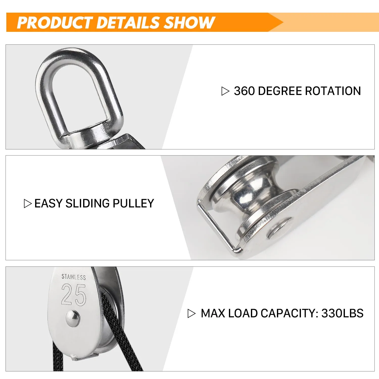 LAIWOO M25 Stainless Steel Pulley System Kit-Heavy-Duty Pulley Wheel, Pulley Block with Nylon Rope, Hooks, Eye Pad Plate, and Rope Cleat - Ideal for Lifting, DIY Projects, and Clothesline (2 Pack)