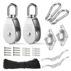 LAIWOO M25 Stainless Steel Pulley System Kit-Heavy-Duty Pulley Wheel, Pulley Block with Nylon Rope, Hooks, Eye Pad Plate, and Rope Cleat - Ideal for Lifting, DIY Projects, and Clothesline (2 Pack)