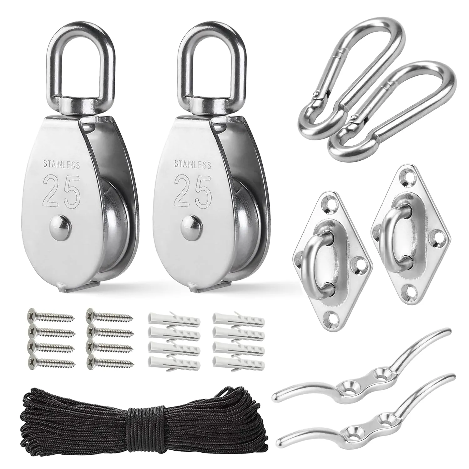 LAIWOO M25 Stainless Steel Pulley System Kit-Heavy-Duty Pulley Wheel, Pulley Block with Nylon Rope, Hooks, Eye Pad Plate, and Rope Cleat - Ideal for Lifting, DIY Projects, and Clothesline (2 Pack)