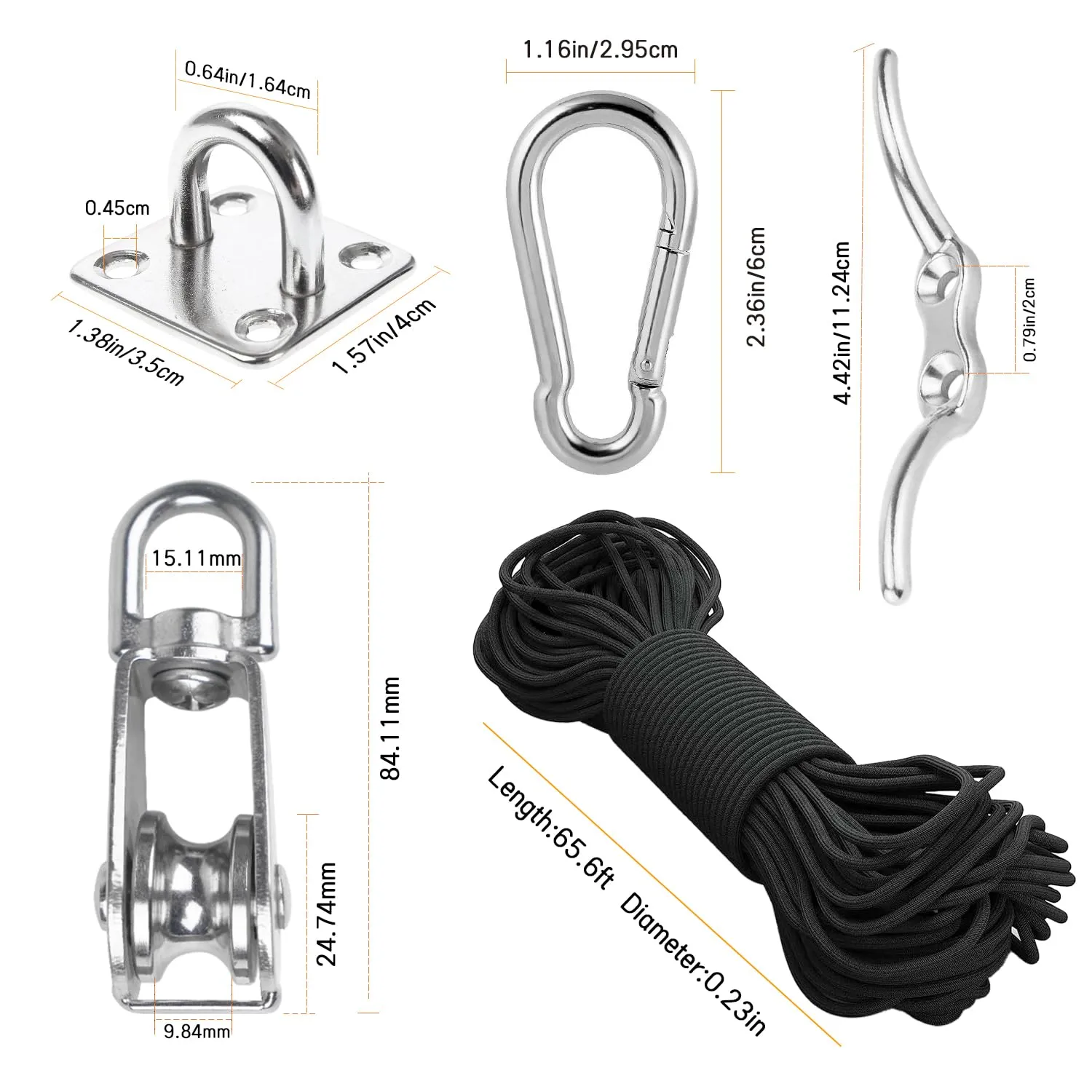 LAIWOO M25 Stainless Steel Pulley System Kit-Heavy-Duty Pulley Wheel, Pulley Block with Nylon Rope, Hooks, Eye Pad Plate, and Rope Cleat - Ideal for Lifting, DIY Projects, and Clothesline (2 Pack)