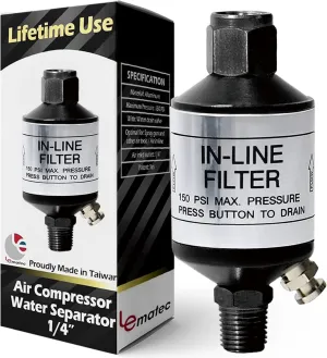 LE LEMATEC Air Compressor Water Separator, 1/4 NPT Inline Filter & Moisture Trap for Pneumatic Tools, HVLP Spray Paint Gun & Airbrush, Durable Compressed Air Dryer with Easy Drain Valve, AI303