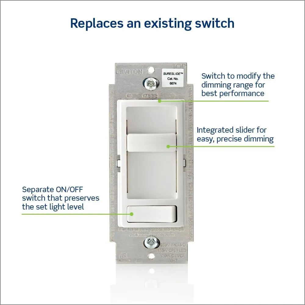 Leviton SureSlide Dimmer Switch for Dimmable LED, Halogen and Incandescent Bulbs, 6674-P0I, Ivory