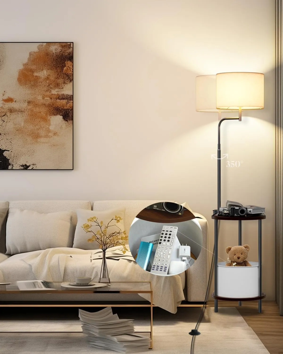 Lightdot 57IN Floor Lamp with Shelves, Mid Century Modern Standing Lamps with Bulb and Storage Bag Included, Black Pole End Table with Linen Lampshade for Living Room, Bedroom, Office