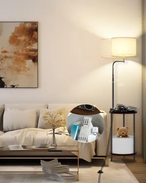 Lightdot 57IN Floor Lamp with Shelves, Mid Century Modern Standing Lamps with Bulb and Storage Bag Included, Black Pole End Table with Linen Lampshade for Living Room, Bedroom, Office