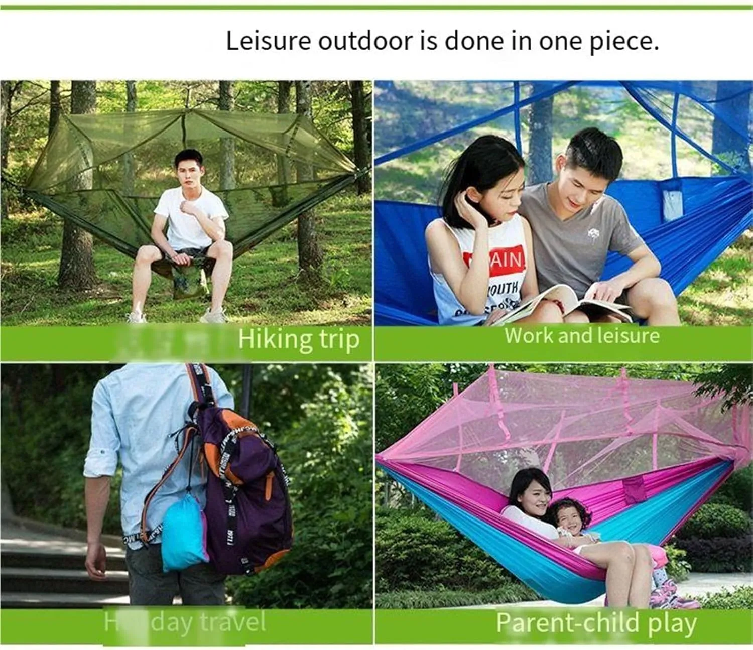 Lightweight Double Camping Hammock with Mosquito Net - Outdoor Portable Nylon Hanging Tent for Two(Army Green)