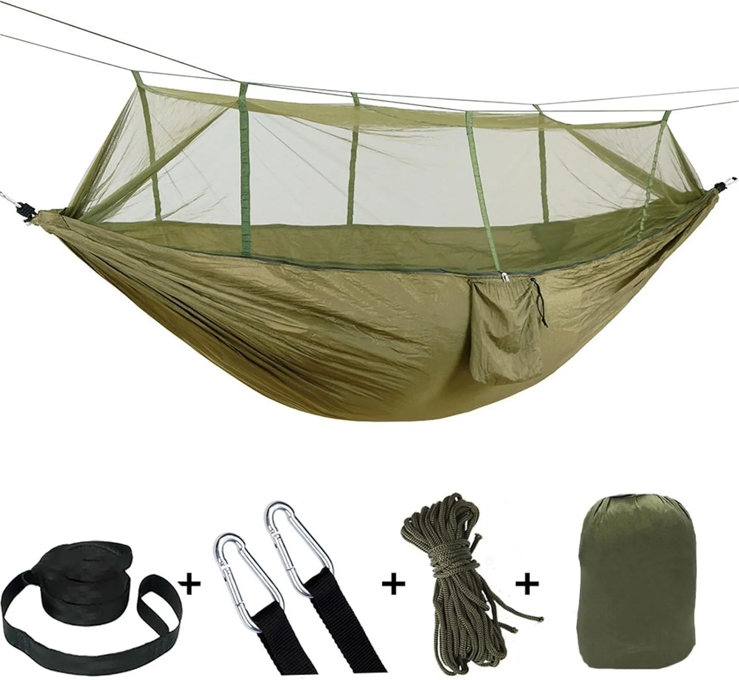 Lightweight Double Camping Hammock with Mosquito Net - Outdoor Portable Nylon Hanging Tent for Two(Army Green)