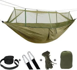 Lightweight Double Camping Hammock with Mosquito Net - Outdoor Portable Nylon Hanging Tent for Two(Army Green)