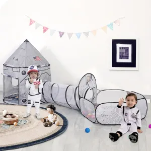LimitlessFunN 4pc Space Rocket Ship Kids Pop Up Play Tent, Crawl Tunnel, Ball Pit | Includes Star Lights & Carrying Case |, Children Indoor Castle Playhouse for Boys, Toddlers, 47" D x 126" W x 53" H