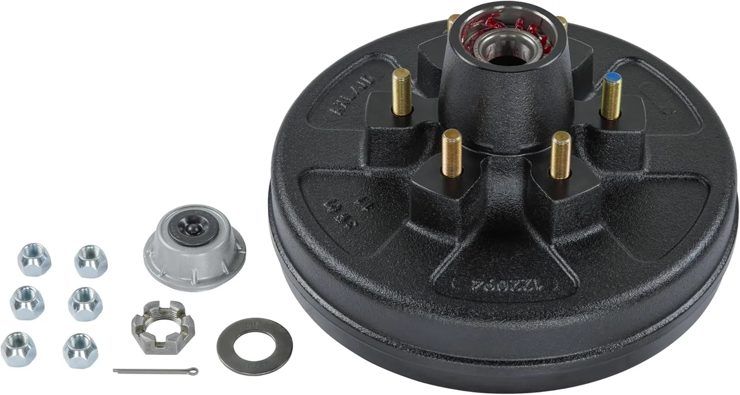 Lippert Complete Pre-Greased Hub Assembly Kit for 6,000-lb. Axle Hubs with Brake Hub Assembly, Dust Cap, Cotter Pin, 6-Slot Castle Spindle Nut, Round Spindle Washer, (6) 60° Cone Trailer Lug Nuts