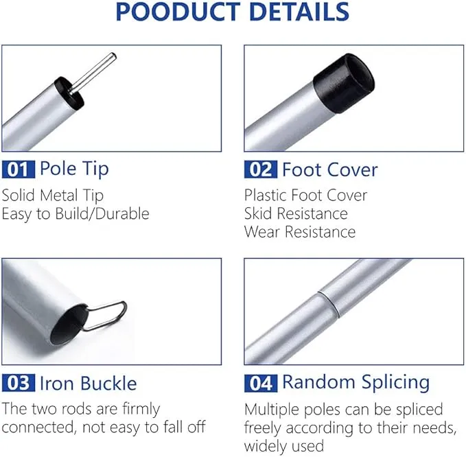 Long Leaf Tent Poles,Adjustable Steel Rods for Camping Tarps,Backpacking,Shelters,Portable Tarp Poles Rods-2 Pack