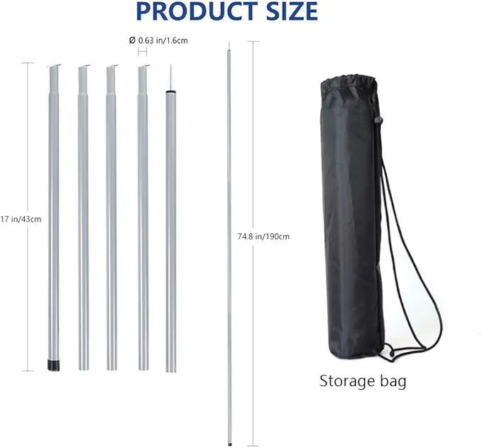 Long Leaf Tent Poles,Adjustable Steel Rods for Camping Tarps,Backpacking,Shelters,Portable Tarp Poles Rods-2 Pack