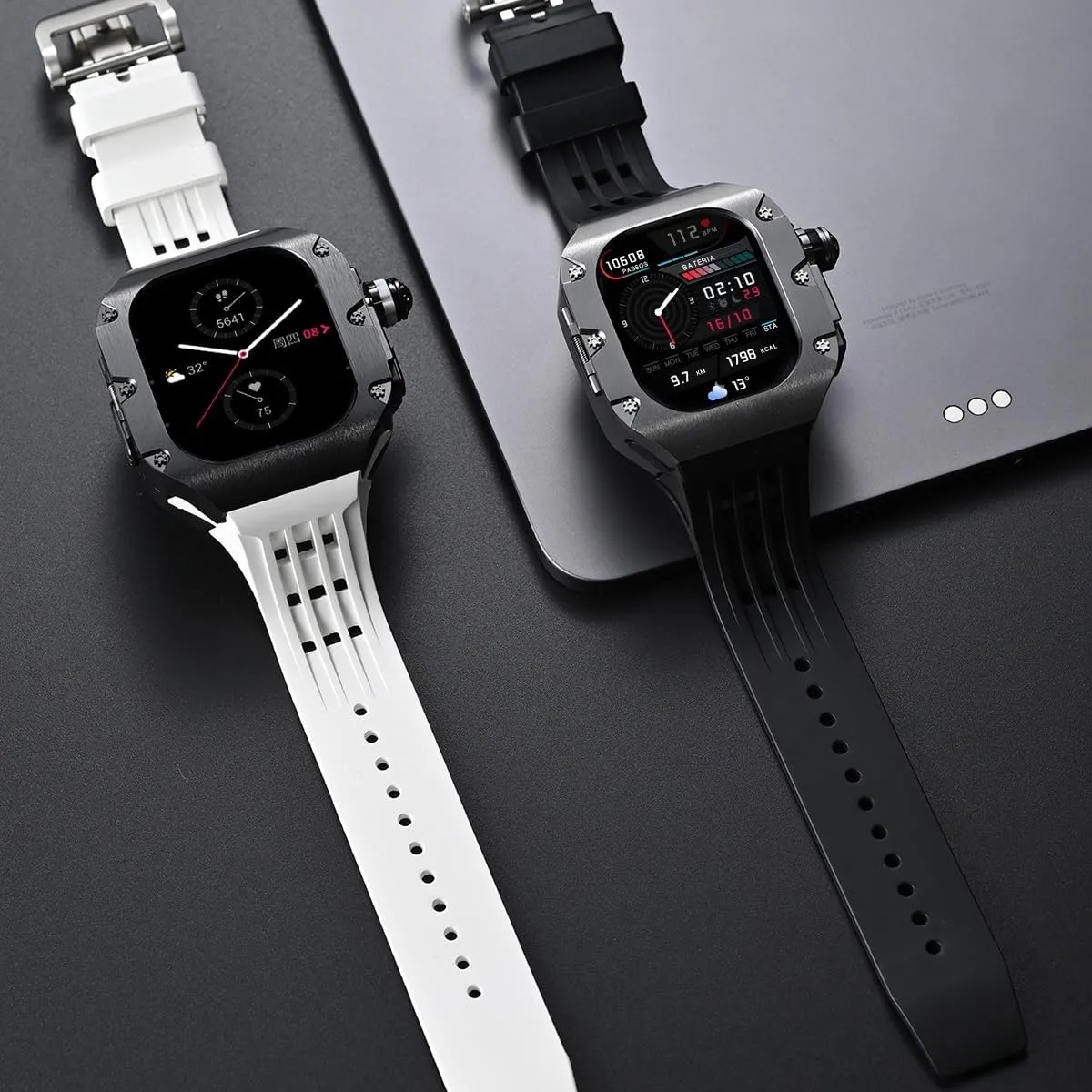 Luxury Titanium Case for Apple Watch Ultra 2 49MM 45mm 44mm Series 9 8 7 6 5 Fluororubber FKM Band Rubber Strap for Iwatch Metal Accessories
