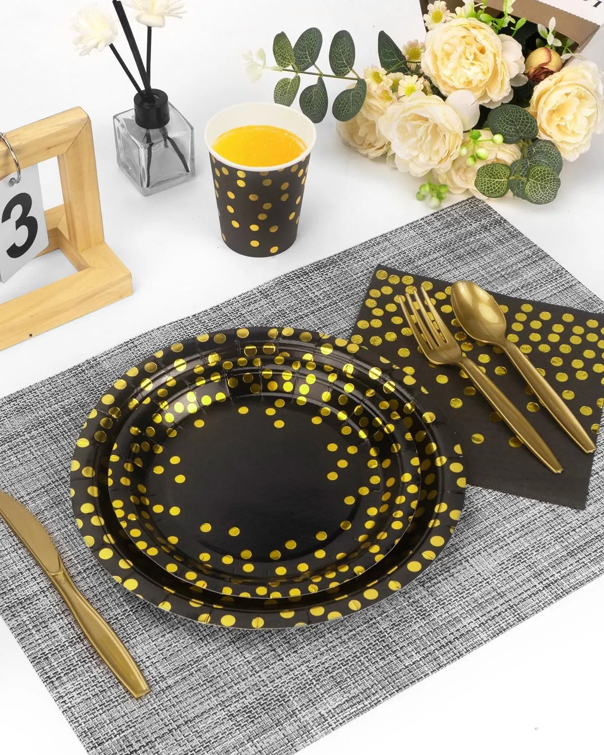 Lzerking 364 PCS Black and Gold Party Supplies, 52 Sets of Disposable Dinnerware Includes Paper Plates Cups Napkins, Plastic Knives Forks Spoons, Ideal for Birthday Graduation Wedding Festivals