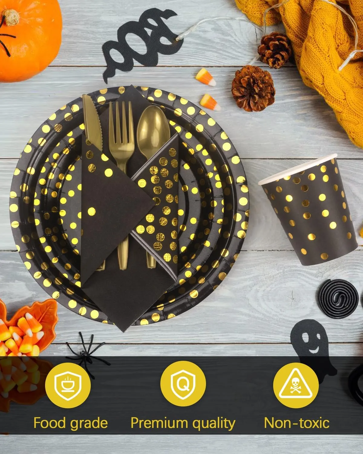 Lzerking 364 PCS Black and Gold Party Supplies, 52 Sets of Disposable Dinnerware Includes Paper Plates Cups Napkins, Plastic Knives Forks Spoons, Ideal for Birthday Graduation Wedding Festivals