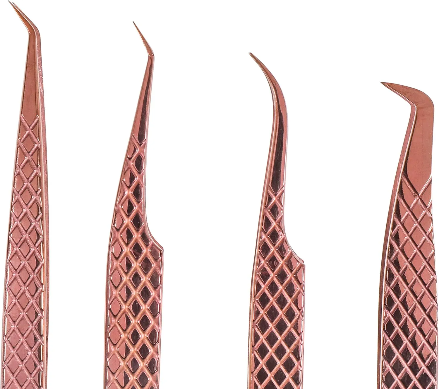 M LASH Tweezers for Eyelash Extensions (Set of 4) - Professional Lash Extension Tweezers - Fiber Tip, Japanese Steel, Diamond Grip (Rose Gold)