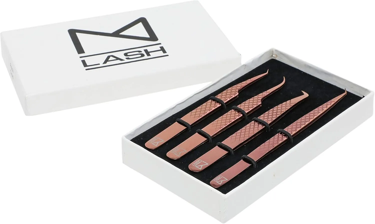 M LASH Tweezers for Eyelash Extensions (Set of 4) - Professional Lash Extension Tweezers - Fiber Tip, Japanese Steel, Diamond Grip (Rose Gold)