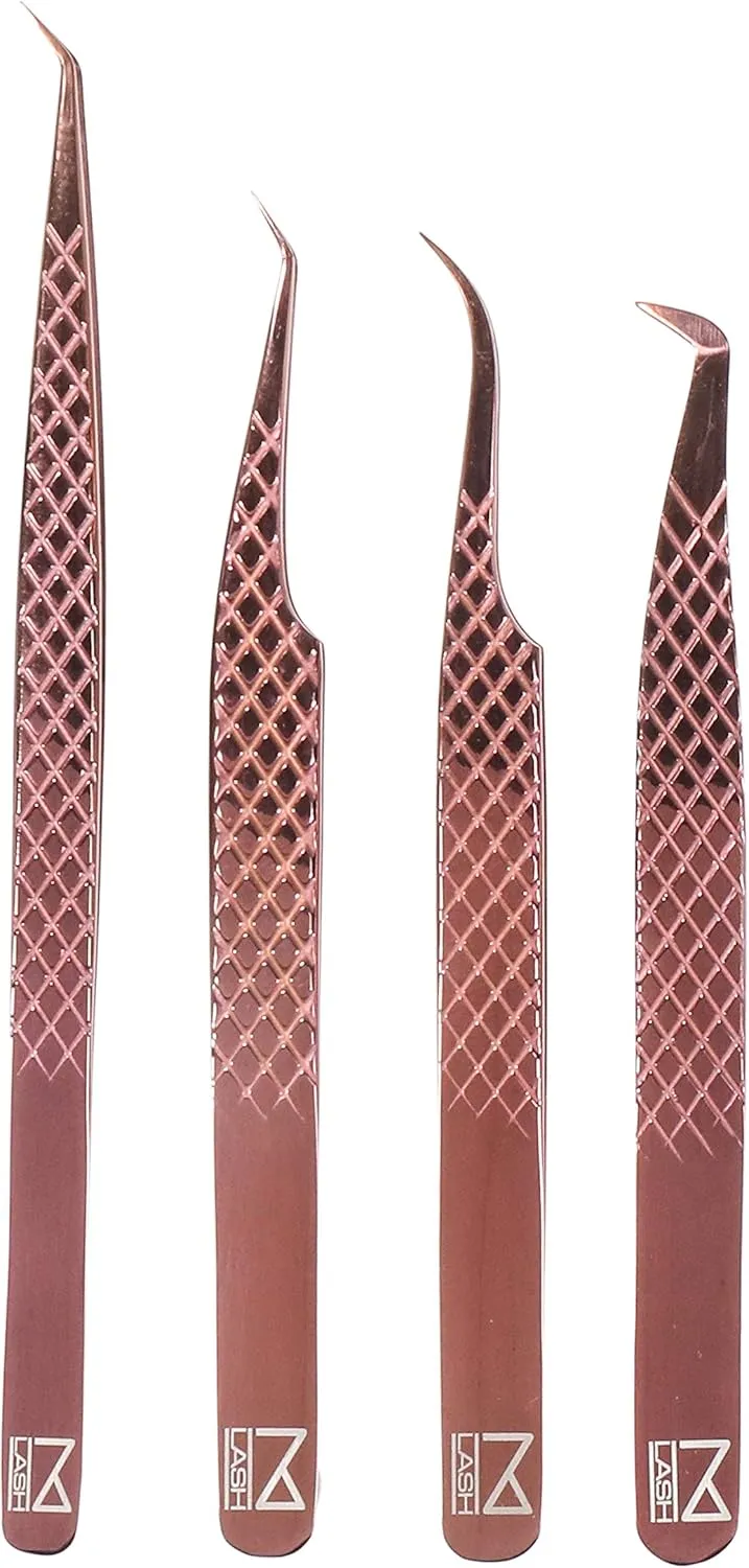M LASH Tweezers for Eyelash Extensions (Set of 4) - Professional Lash Extension Tweezers - Fiber Tip, Japanese Steel, Diamond Grip (Rose Gold)