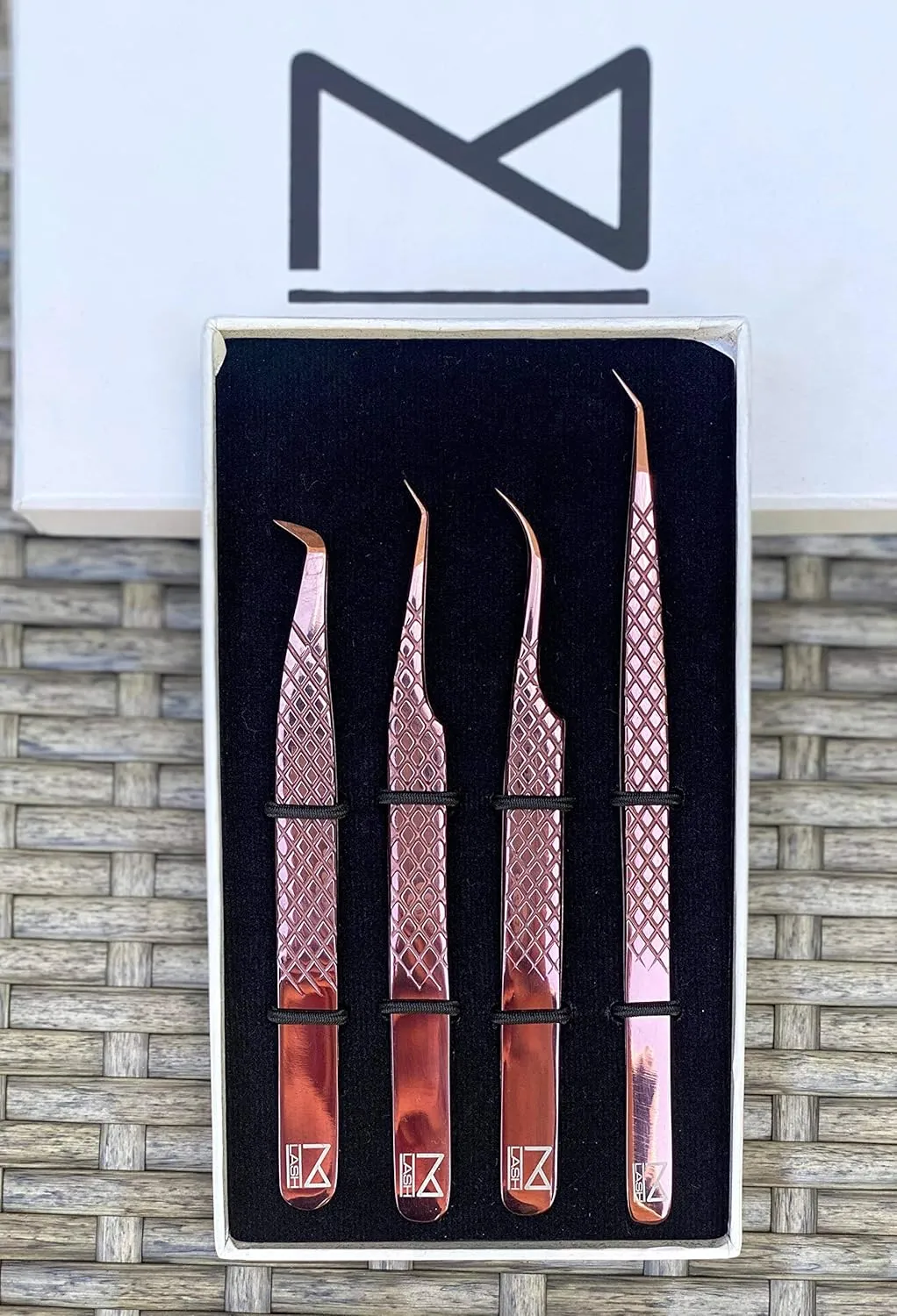 M LASH Tweezers for Eyelash Extensions (Set of 4) - Professional Lash Extension Tweezers - Fiber Tip, Japanese Steel, Diamond Grip (Rose Gold)
