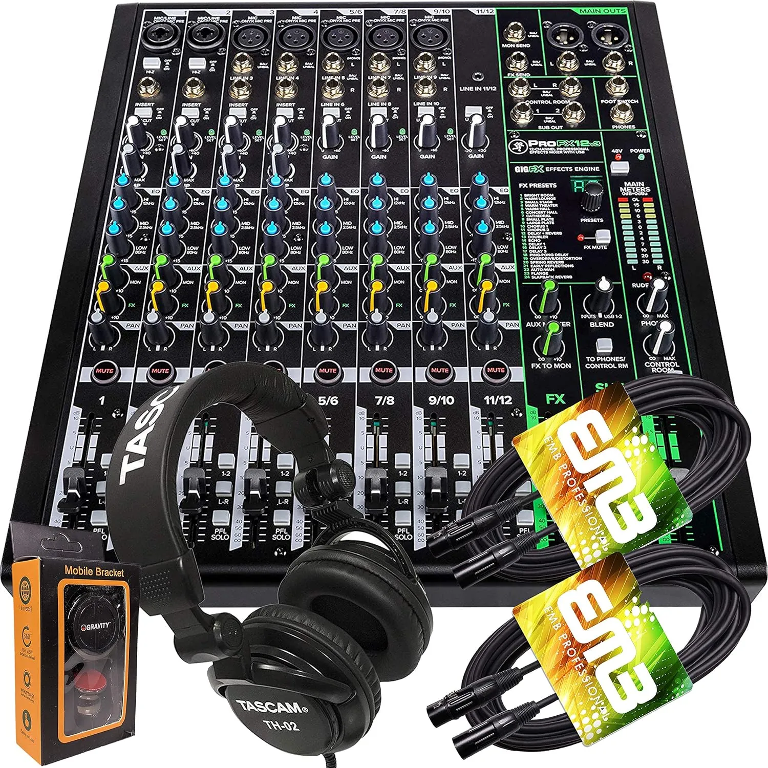 Mackie ProFX12v3 12-Channel Mixer with Built-in Effects and USB   Pro Headphone with Pair of EMB XLR Cable and Gravity Magnet Phone Holder Bundle, TH02 (2) M