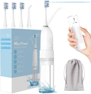 Marchpower Innovative 2-in-1 Electric Toothbrush with Water Flosser – Ultrasonic Cleaning, Compact Travel Design, 3 3 Modes, IPX7 Waterproof, USB-C Rechargeable, with 3 Dupont Brush Heads & 1 Jet Tip