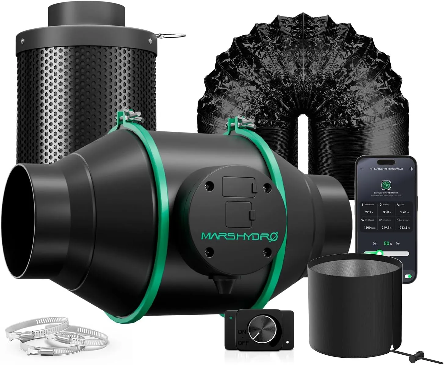 MARS HYDRO iFresh 4 Inch Smart Inline Fan Combo, with Variable Speed Controller, for Heating Cooling Booster, Grow Tents