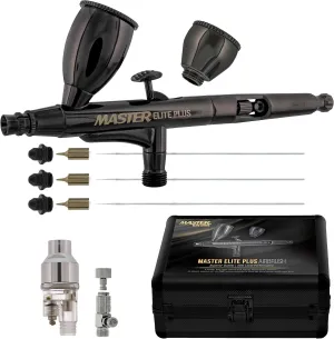 Master Elite Plus Ultimate Airbrush Set, Model 120 - Elite Level Spray Performance Dual-Action Gravity Feed Airbrush Kit with 3 Tips 0.2, 0.3 and 0.5 mm, 2 Cups, Filter, Case - Auto Art Cake Hobby