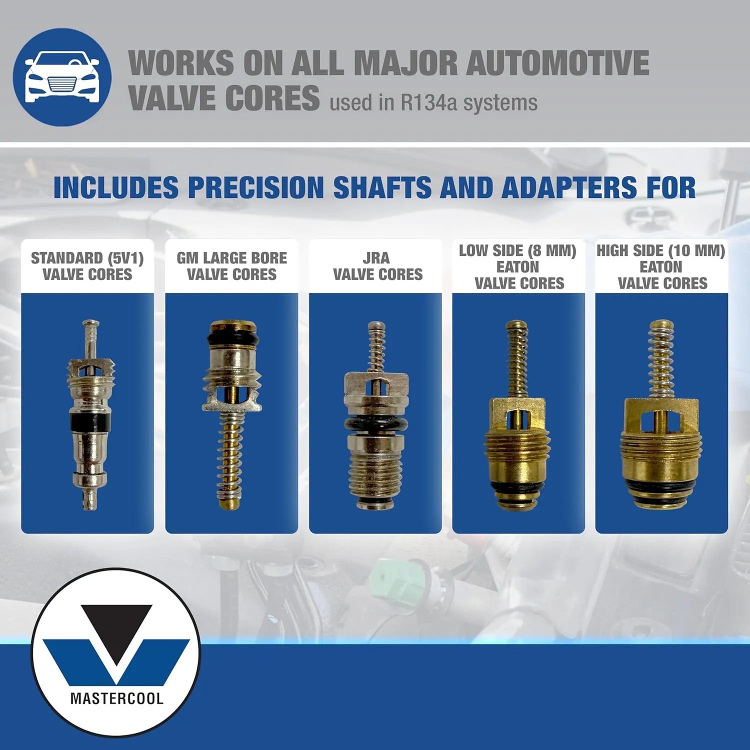 Mastercool 58490 R134a Valve Core Remover/Installer Kit – Works Under Pressure – Covers Standard, JRA, Eaton Cores – Includes Shafts, Adapters, R134a Fittings & Case