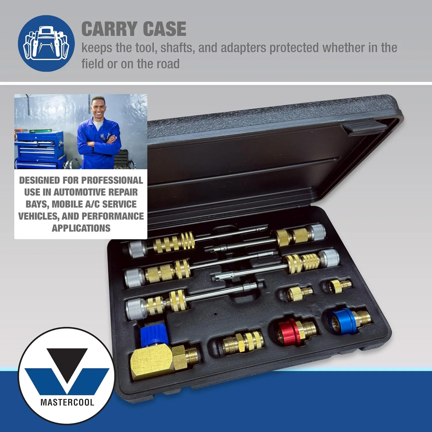 Mastercool 58490 R134a Valve Core Remover/Installer Kit – Works Under Pressure – Covers Standard, JRA, Eaton Cores – Includes Shafts, Adapters, R134a Fittings & Case