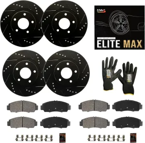 Max Advanced Brakes Front & Rear Brake Kit Compatible With 2017 2018 2019 2020 Mitsubishi Outlander AWD Replacement Drilled Slotted Black Coated Disc Brake Rotors and Ceramic Brake Pads