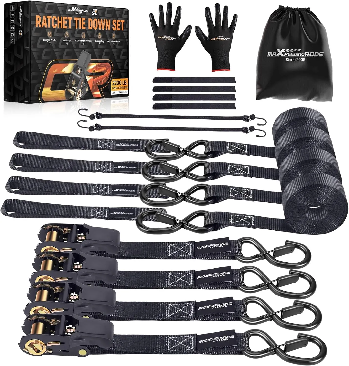 maXpeedingrods Ratchet Tie Down Straps (4 Pack) - 2200lb Max Break Strength, Includes (4) Premium 1" x 15' Tie Downs with Padded Handles, Hook and Loop Straps, Storage Bag and Gloves - Black