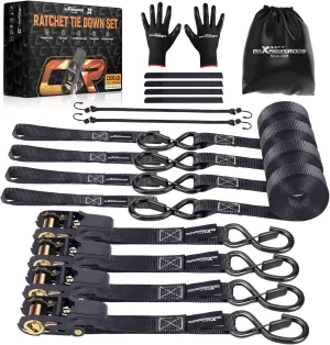 maXpeedingrods Ratchet Tie Down Straps (4 Pack) - 2200lb Max Break Strength, Includes (4) Premium 1" x 15' Tie Downs with Padded Handles, Hook and Loop Straps, Storage Bag and Gloves - Black