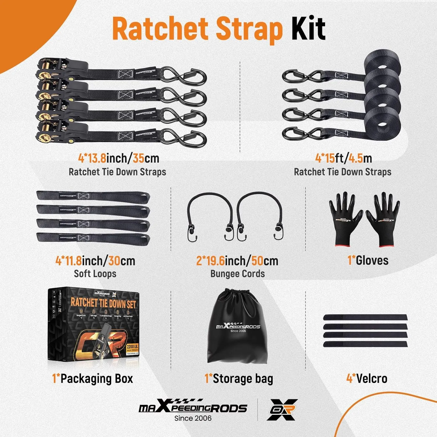 maXpeedingrods Ratchet Tie Down Straps (4 Pack) - 2200lb Max Break Strength, Includes (4) Premium 1" x 15' Tie Downs with Padded Handles, Hook and Loop Straps, Storage Bag and Gloves - Black