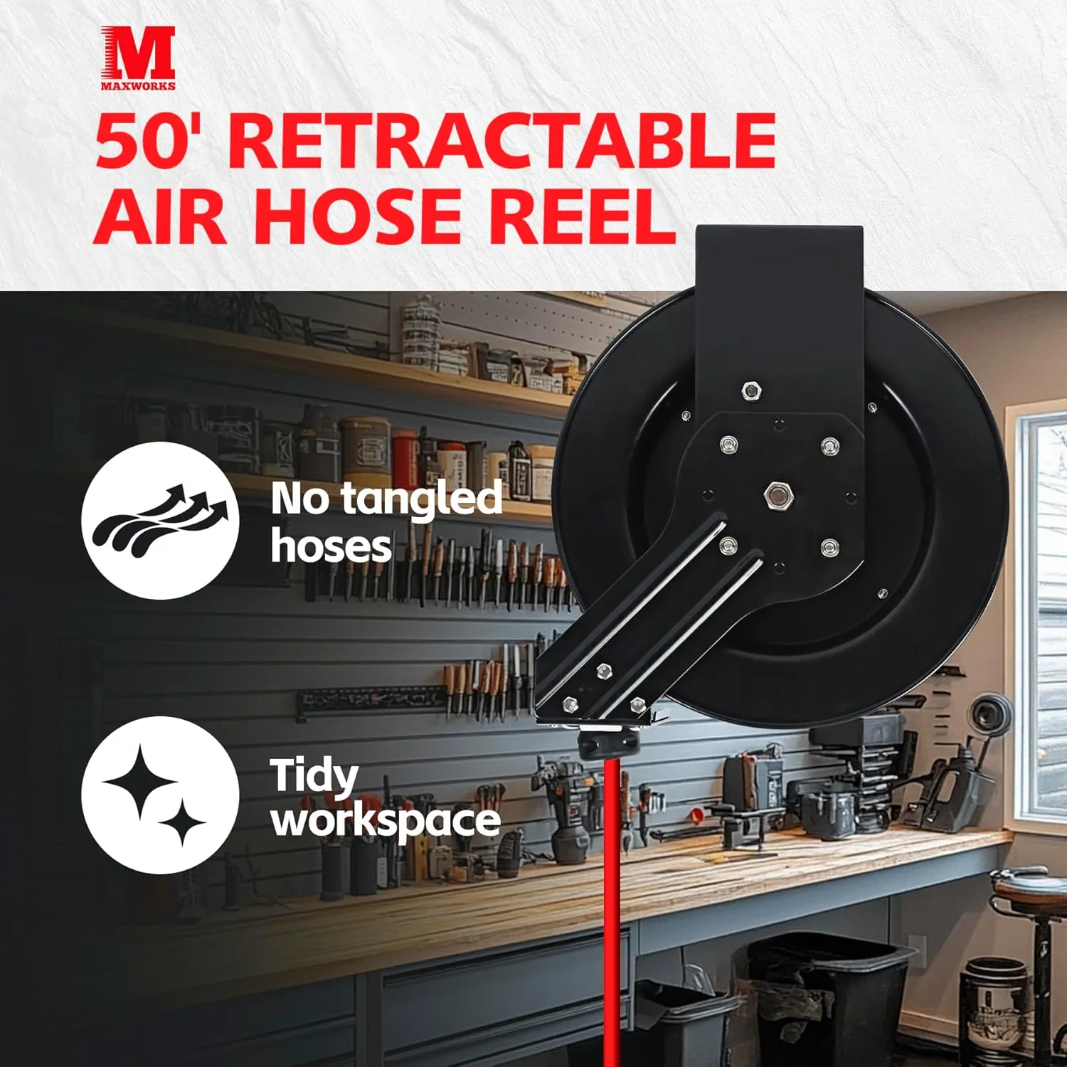 MaxWorks 80720 50ft Auto Rewind Retractable Reel with 3/8" x 50' Air Hose with Brass Fittings