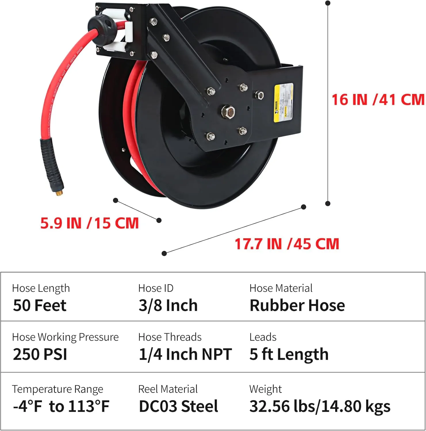 MaxWorks 80720 50ft Auto Rewind Retractable Reel with 3/8" x 50' Air Hose with Brass Fittings