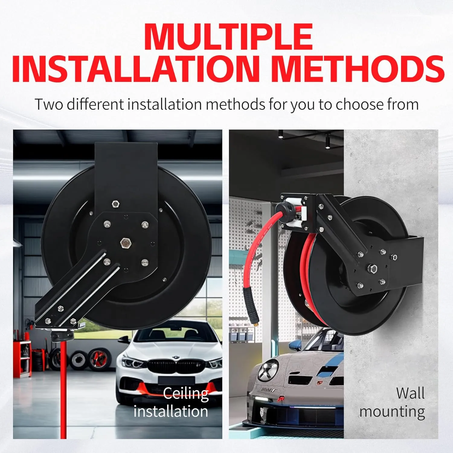 MaxWorks 80720 50ft Auto Rewind Retractable Reel with 3/8" x 50' Air Hose with Brass Fittings