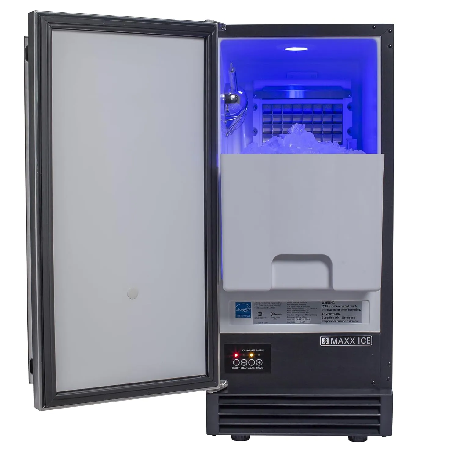 Maxx Ice MIM50P 65Lb Premium Clear Ice Cube Maker Machine with Drain Pump Blue LED and Built-in Undercounter or Freestanding Household Residential or Commercial Use, 15 Inch Wide, Silver