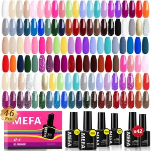 MEFA 46 Pcs Gel Nail Polish Kit, 42 Colors All Seasons Gel Polish Set Colorful Starter Kit with Base Coat & Glitter/Glossy/Matte Top Coat Gel Nail Art Manicure DIY Salon Gifts for Girls