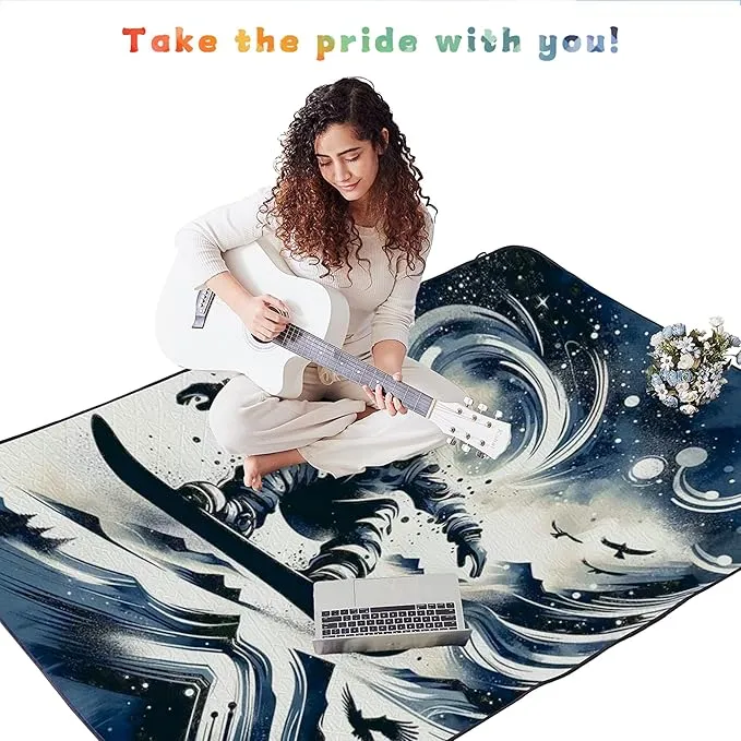 Mellowdy Companion Outdoor Printing Blanket Waterproof, Wind-Resistant, Utility Blanket for Camping, Picnic, Stadium, Beach, Gameday, Travel, Foldable with Carrying Bag（Snowboarder Painting,55x80）