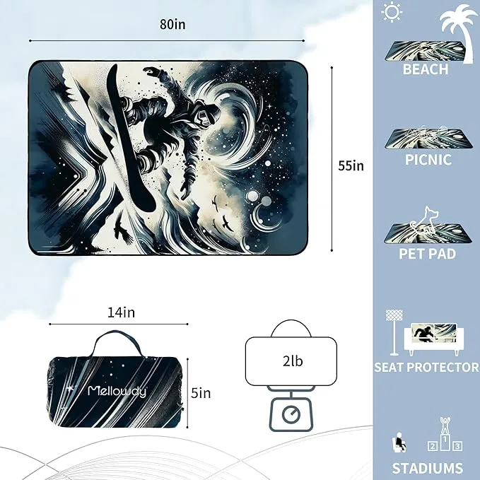Mellowdy Companion Outdoor Printing Blanket Waterproof, Wind-Resistant, Utility Blanket for Camping, Picnic, Stadium, Beach, Gameday, Travel, Foldable with Carrying Bag（Snowboarder Painting,55x80）