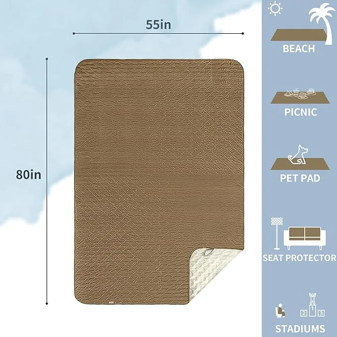 Mellowdy Easy-Carry Outdoor Blanket - Waterproof, Windproof, Warm, Utility Blanket for Camping, Picnic, Stadium, Beach, Gameday, Travel, Foldable with Carrying Bag (Tan,55x80 inch)