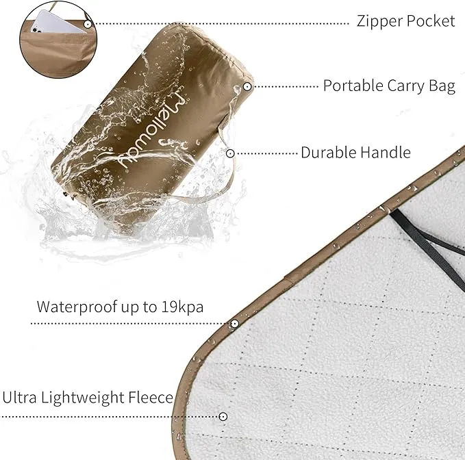 Mellowdy Easy-Carry Outdoor Blanket - Waterproof, Windproof, Warm, Utility Blanket for Camping, Picnic, Stadium, Beach, Gameday, Travel, Foldable with Carrying Bag (Tan,55x80 inch)