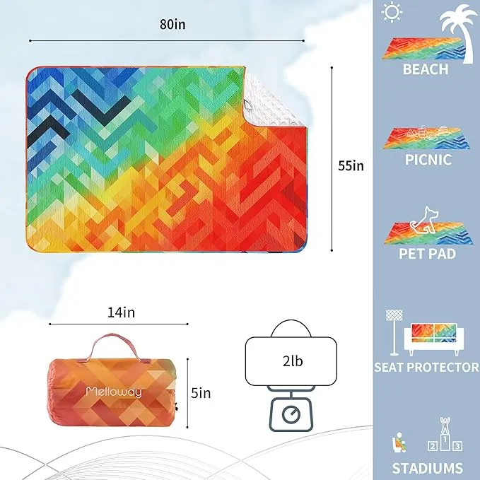 Mellowdy Pride Rainbow Blanket Waterproof, Wind-Resistant, Outdoor Blanket for Parade, Camping, Picnic, Stadium, Beach, Gameday, Travel, Foldable with Carrying Bag (Rainbow Seven,55x80)