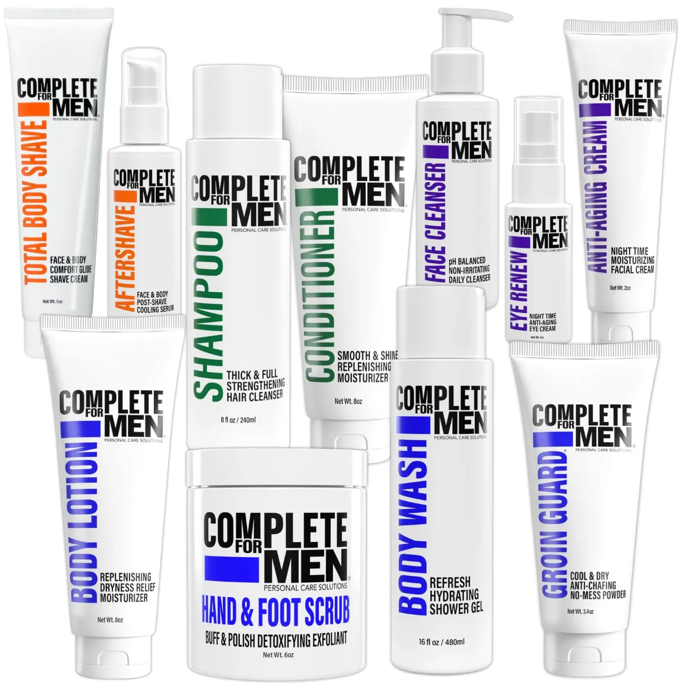 Mens Grooming Set: Mens Body Lotion, Face Wash, Aftershave, Exfoliating Scrub, Anti-Chafing Cream, Body Wash, Eye Cream, Shampoo & Conditioner, Anti-Aging Cream, Body Shaving Cream